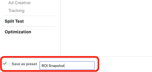 hozzon létre ROI pillanatkép egyéni jelentést a Facebook Ads Manager alkalmazásban, 8. lépés