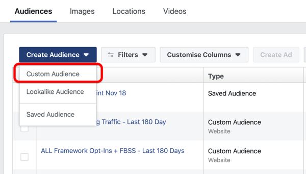 Lehetőség Facebook keresési közönség létrehozására a Közönség létrehozása a Facebook Ads Manager alatt.