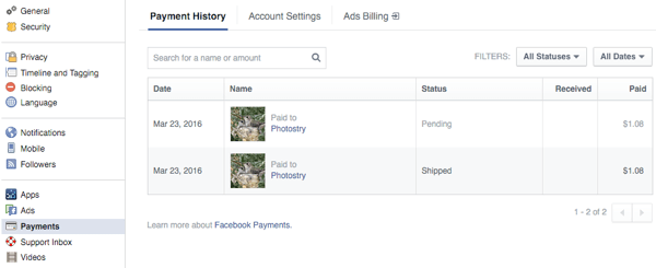 az ügyfelek a facebook beállításainak fizetési szakaszában tekinthetik meg a megrendeléseket