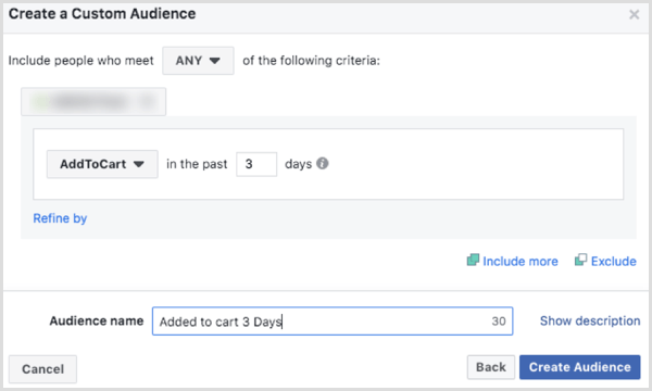 Válasszon opciókat egy egyéni Facebook közönség létrehozásához az AddToCart esemény alapján