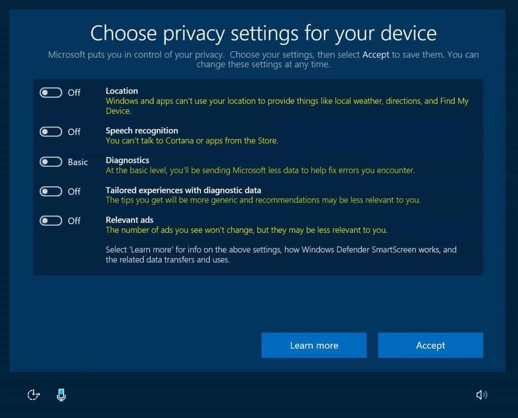 Windows 10, Adatvédelem, Készítők frissítése, OOBE