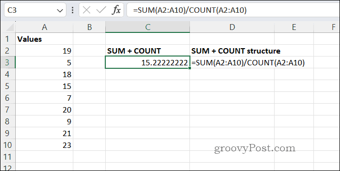 SUMCOUNT átlagos eredmény Excelben