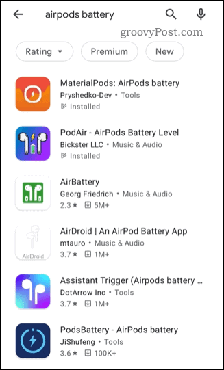 Harmadik féltől származó AirPods állapotalkalmazások listája a Google Play Áruházban