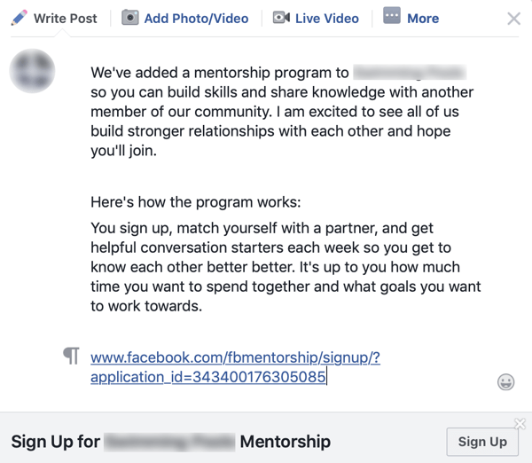 Hogyan lehetne javítani a Facebook-csoport közösségén, példa egy csoportos bejelentésre egy Facebook mentori programhoz