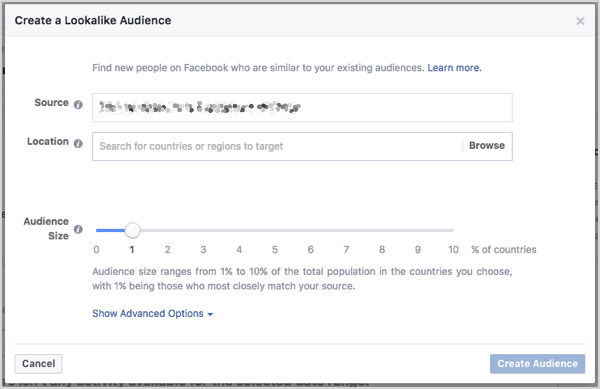 Állítsa be a Facebook megjelenésszerű közönségméretét. A méretet a közönség létrehozásakor megjelenő csúszkával szabályozhatja.