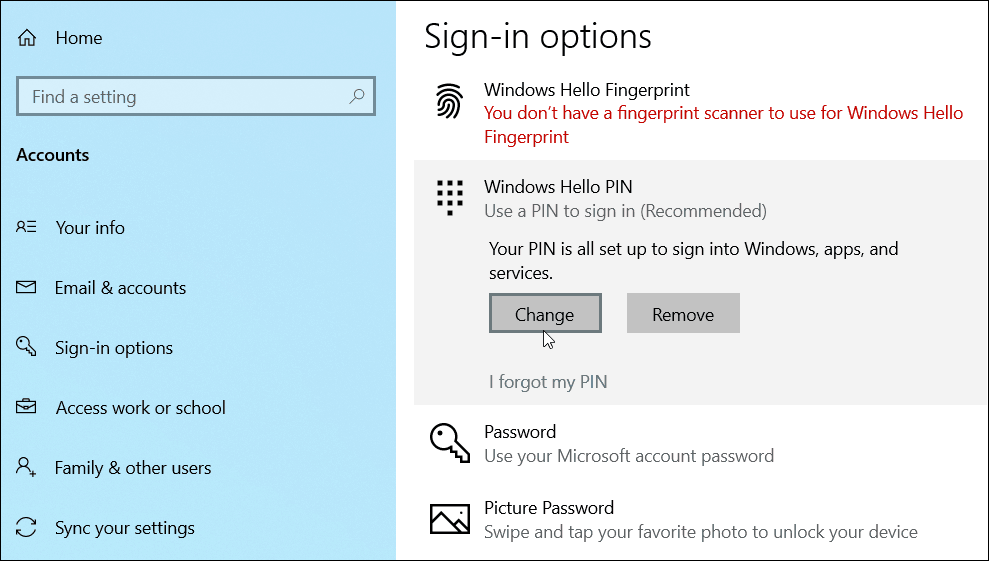 megváltoztatni a PIN-kód hozzáadása Windows 10