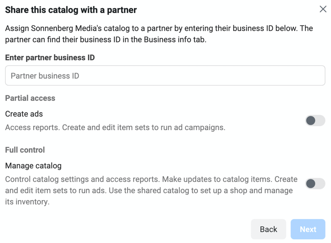 kép a katalógus megosztása partnerrel képernyőről a Meta Business Managerben