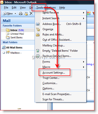 Nyissa meg a Fiókbeállításokat az Outlook 2007 alkalmazásban