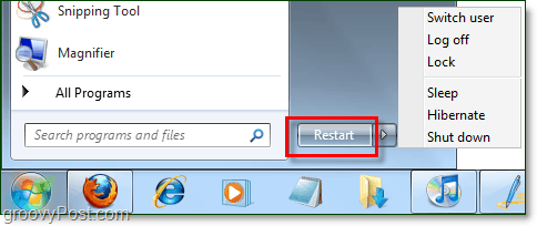 a megváltozott tulajdonságokkal rendelkező Windows 7 bekapcsológomb helyett az újraindításhoz