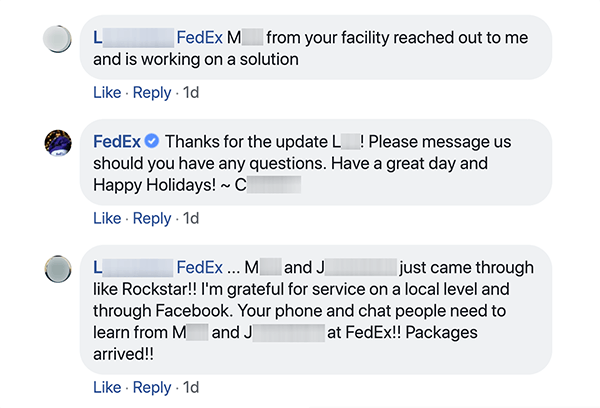 Ez egy képernyőkép a FedEx és az ügyfél közötti Facebook-beszélgetésről. Az ügyfél elmondja az ügyfélszolgálatnak, hogy valaki megkereste őket, és segít nekik egy kérdésben. Az ügyfélszolgálati képviselő megköszöni az ügyfelet, és arra biztatja őket, hogy vegyék fel a kapcsolatot, ha kérdésük van. Ezután az ügyfél válaszul azt válaszolja, hogy a helyi és a Facebook ügyfélszolgálati emberek rocksztárok. Shep Hyken megjegyzi, hogy a nagyszerű szociális ügyfélszolgálat az embereket márkavédőkké változtathatja.