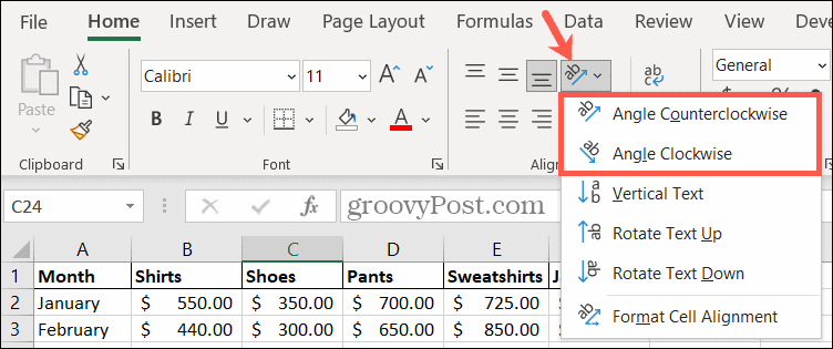 Válasszon tájolási szöget az Excelben a szöveg forgatásához