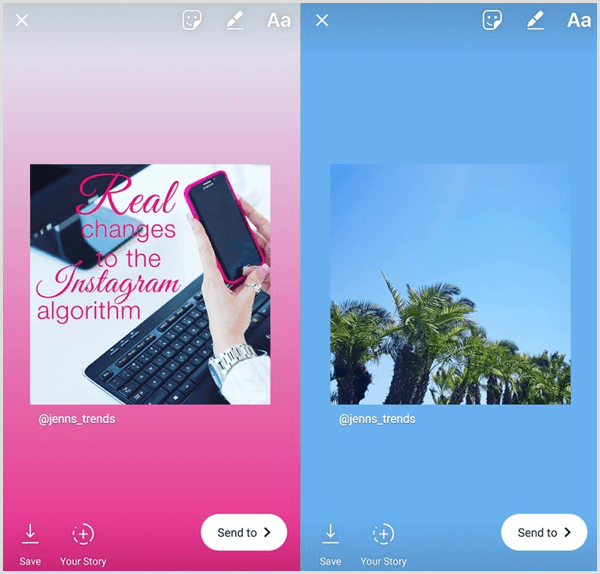 Az Instagram-történet újramegosztott bejegyzése négyzet alakú képként mutatja az eredeti bejegyzést, alatta a fiók felhasználónevével.