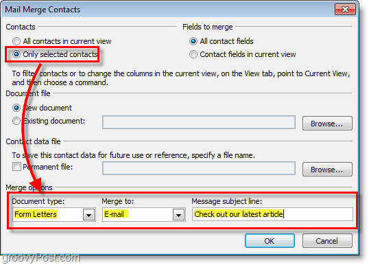 Az Outlook 2010 képernyőképe - győződjön meg arról, hogy a beállítások helyesek-e az e-mail egyesítési kapcsolatok alatt