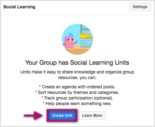 A Facebook-csoporton belül lépjen az Egységek fülre, és kattintson az Egység létrehozása gombra.