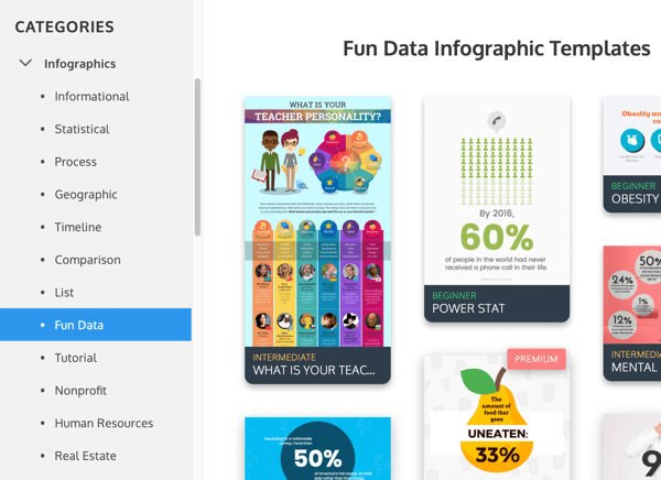 Példák a Venngage infographic kategóriákra a Fun Data részben.