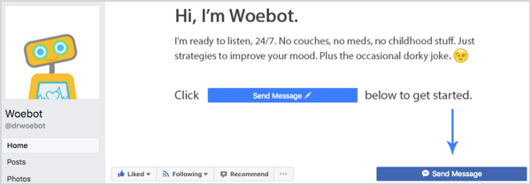 Az Üzenet küldése gomb a Woebot Facebook-oldalán.
