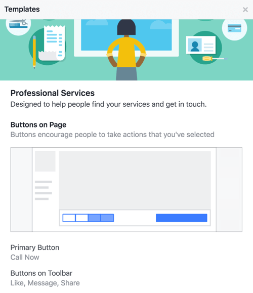 Tudja meg, mely gombok és cselekvésre ösztönzések tartoznak a Facebook-oldal sablonjához.