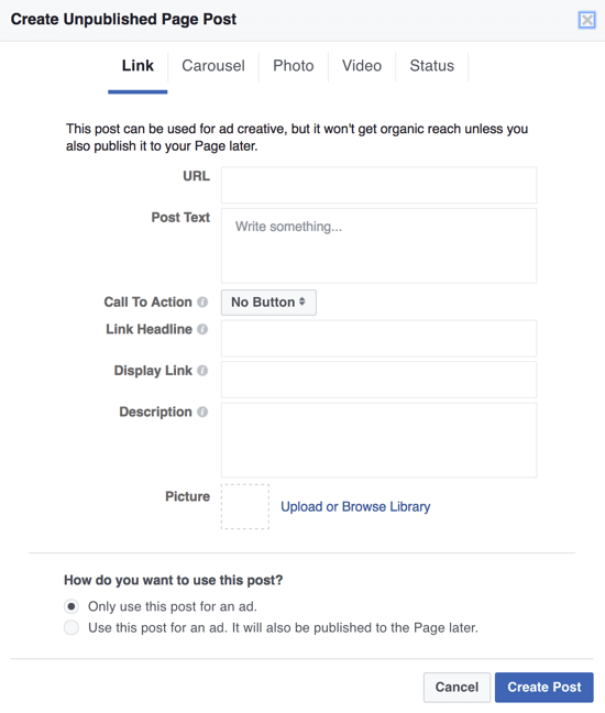 A Facebook sötét bejegyzéseinek hirdetésként történő létrehozásához használja a Power Editor alkalmazást, és válassza a Csak ezt a bejegyzést használja hirdetéshez elemet.