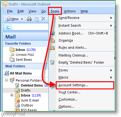 Az Outlook 2007 naptár képernyőképe - Fiókbeállítások
