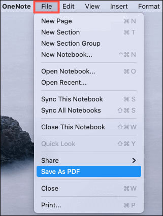 Mentés PDF formátumban OneNote Mac