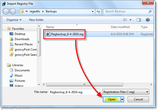 beállításjegyzék-visszaállítás kiválasztása a Windows 7-ben és az importáláshoz való Vista-ban