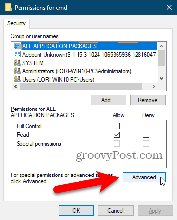 Kattintson az Advanced (Speciális) elemre a Windows Registry Engedélyek párbeszédpanelen