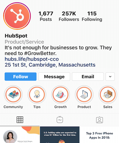 Az Instagram kiemeli az albumokat a HubSpot profilján