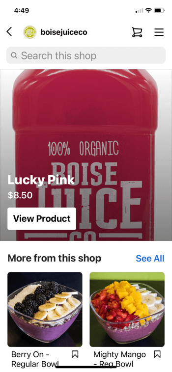 példa instagram termék vásárlásra a @boisejuiceco-tól, amely szerencsés rózsaszínt mutat 8,50 dollárért, és ennél többet boltban megjelenik egy bogyós szokásos tál és egy hatalmas mangótál, valamint az üzletben való keresés lehetősége