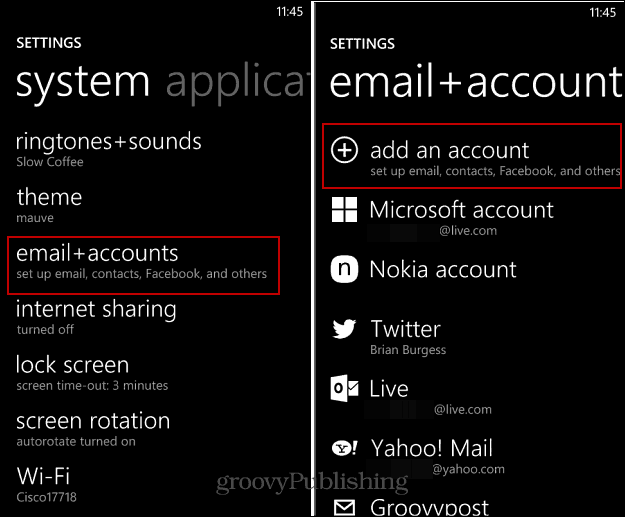 Az e-mail és a szociális számlák beállítása a Windows Phone-on