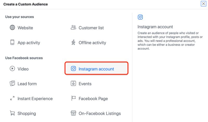 A facebook ads manager hozzon létre egy egyedi közönségmenüt, kiemelve az instagram fiók opcióját