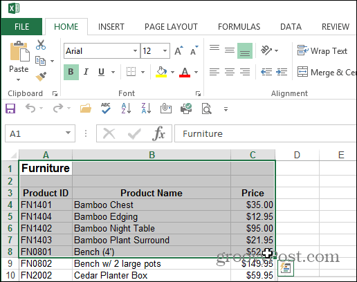Válassza a Terület Excel dokumentumot