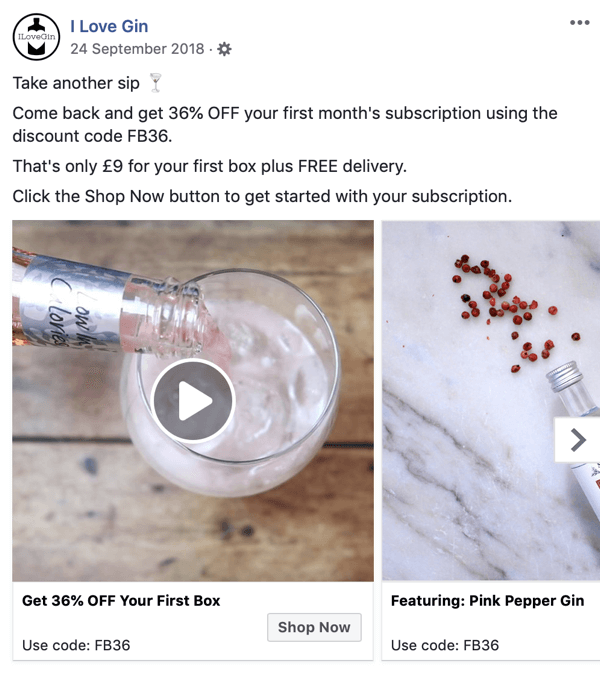 Hogyan hozzunk létre Facebook elérési hirdetéseket, 8. lépés, példa az I Love Gin hirdetési kreatívjára