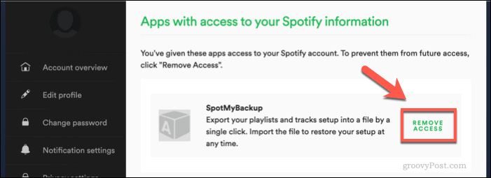 A SpotMyBackup hozzáférésének visszavonása a Spotify-hoz