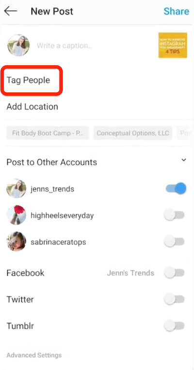 instagram új bejegyzés opció az emberek megcímkézésére