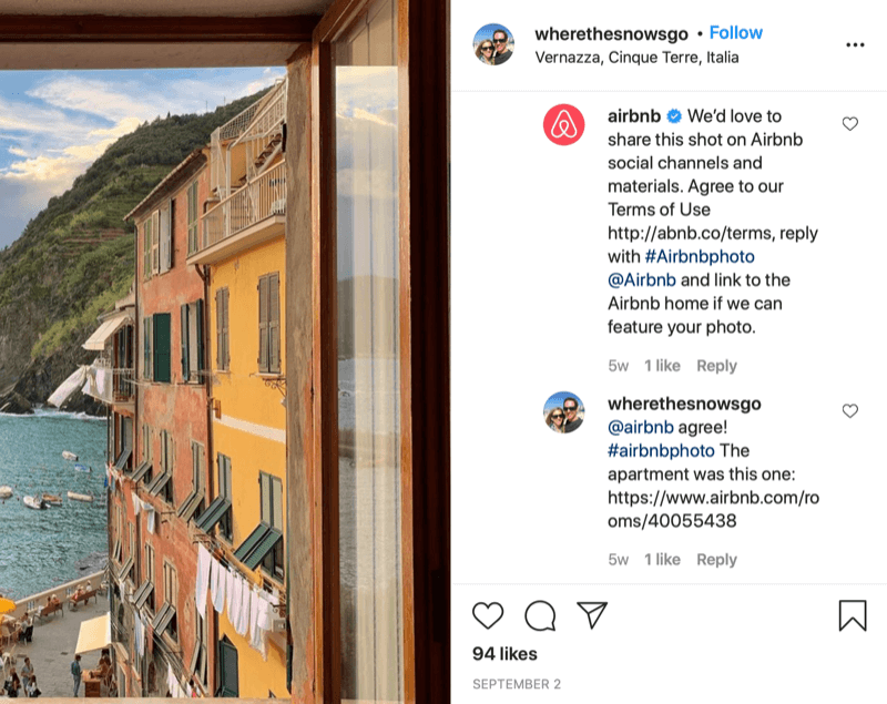 instagram írásbeli újrapostázási engedély példa @wherethesnowsgo és @airbnb között az airbnb-vel, kérve a fotó és információ a jóváhagyás megadásáról, valamint a @wherethesnowsgo válasza, amely engedélyezi a kép