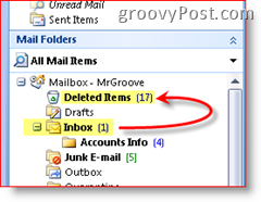 Az Outlook 2007 képernyőképe, amely elmagyarázza, hogy a törölt elemek a törölt elemek mappába kerülnek