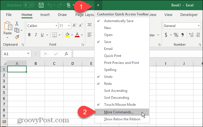 Válassza a További parancsok parancsot az Excel gyorselérési eszköztárán