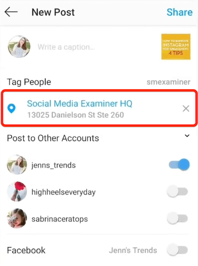 instagram új bejegyzés opció, amely a címkézéshez kiválasztott helyet mutatja