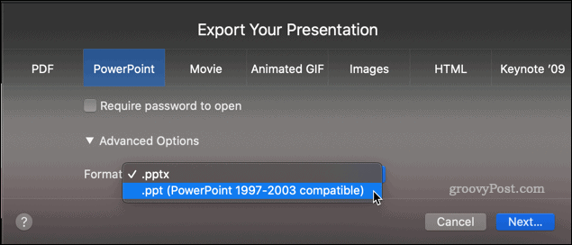 Keynote prezentáció exportálása PPT fájlként