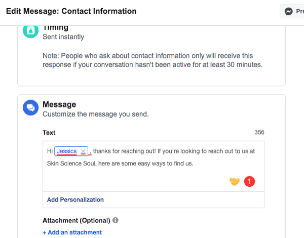 képernyőkép a beállítási felületről a Facebook Messenger kapcsolattartási információk automatizált válaszához