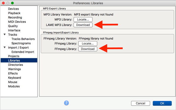 Telepítse az opcionális LAME MP3 kódolót és az FFmpeg könyvtárat az Audacity programmal.