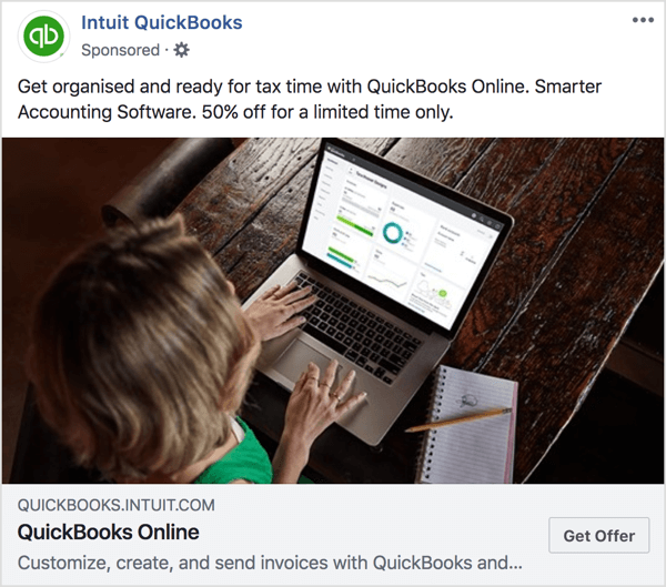 Ezen az Intuit QuickBooks hirdetési és céloldalon vegye figyelembe a színárnyalatokat és az ajánlatot.