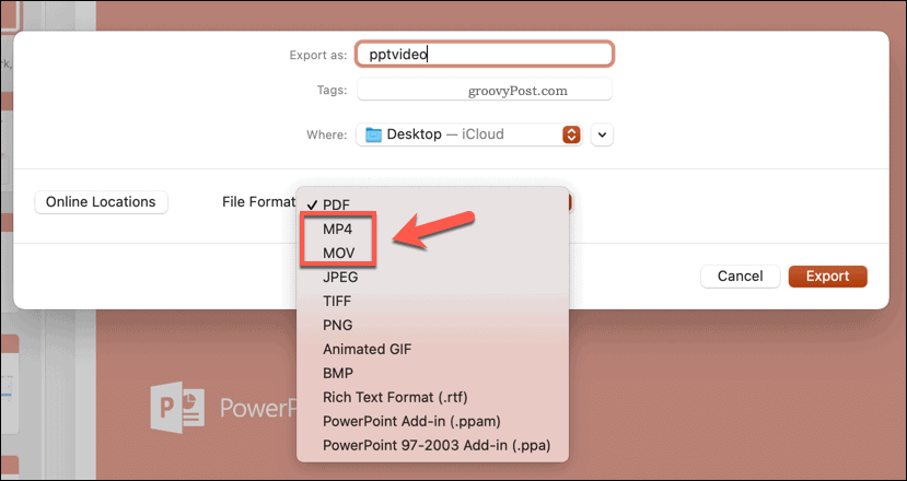 Exportálási fájlformátum kiválasztása a Mac PowerPoint programban
