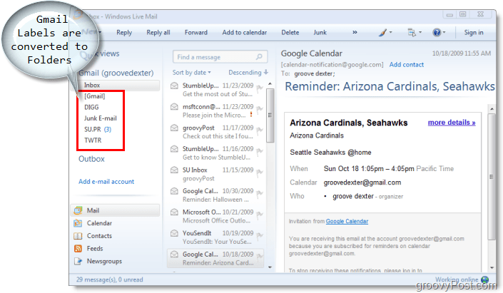 e-mail kliens a Windows Live Mail számára, a gmail címkéket a Windows Live Mail mappákká alakítják