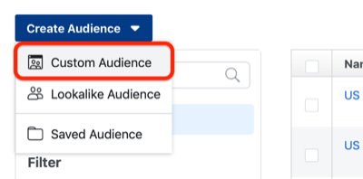 A Facebook egyéni közönség létrehozásának 1. lépése