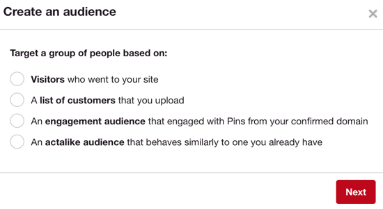 A Pinterest közönsége hasonlóan működik, mint a Facebook egyéni közönsége.