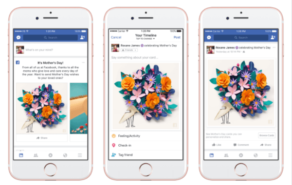 A Facebook személyre szabott kártyákat, tematikus maszkokat és kereteket dobott ki a Facebook kamerába, és ideiglenes "hálás" reakciót hozott az anyák napja tiszteletére.