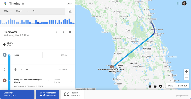 Az utazás részletei a Google Maps idővonalán