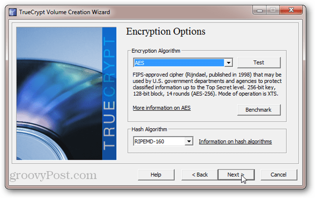 TrueCrypt titkosítási lehetőségek: AES, SerpentFish, Twofish, Cascades