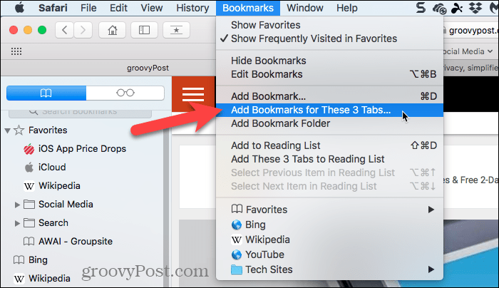 Válassza a Könyvjelzők hozzáadása ezekhez a lapokhoz lehetőséget a Mac Safari alkalmazásban